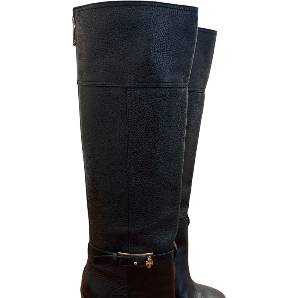 Tory Burch Jenna Black Pebbled Leather Knee High Boots Size 8.5